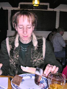 Picture of Imke eating smoked eel