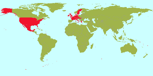 A map with the countries I visited coloured in red