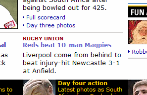Screenshot from the BBC Sport website, showing a football match under the rugby category