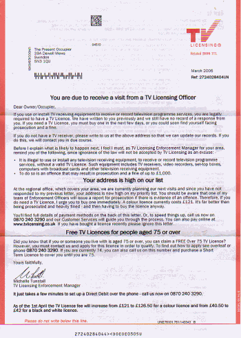 Scan of the latest letter from TV Licensing