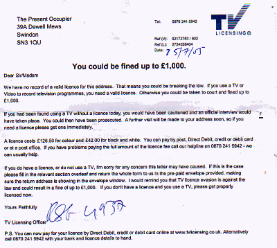 Scan of the letter from TV Licensing