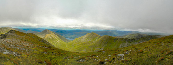 Panoramic view over ridges and corries in the Scottish Highlands