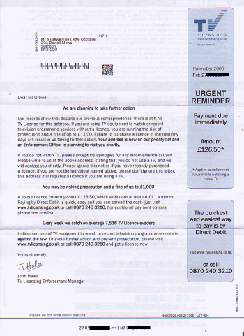 Scan of the letter from TV Licensing