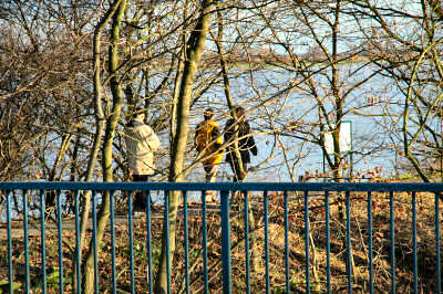 Picture of three people walking through some bare trees