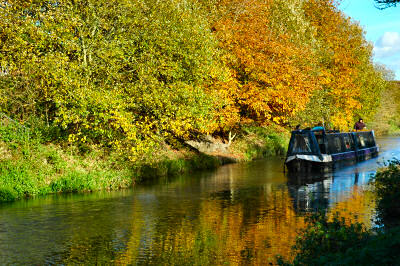 Picture of a boat on a canal, colourful autumn trees in the background