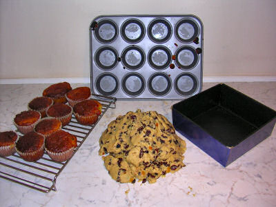 Picture of the dough for a cake ready to go into the tin, some muffins next to it