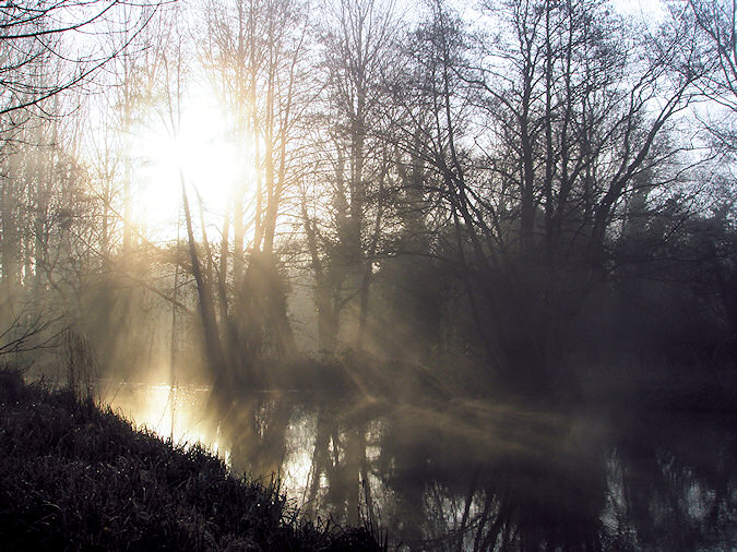 Picture of mist rising over a canal, the sun shining through it