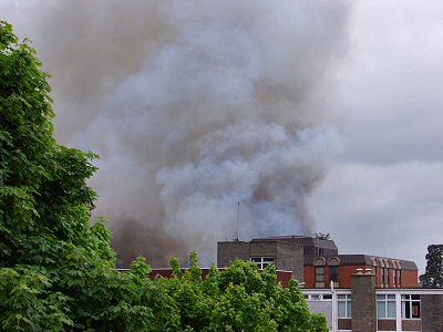 Picture of a closer view of the burning building